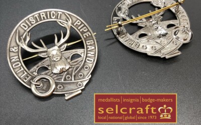Metal badge reworked with love for Ellon & District Pipe Band