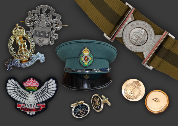 Product montage of Bullion wire badges, cap badges, uniform buttons and stable belts from Selcraft 