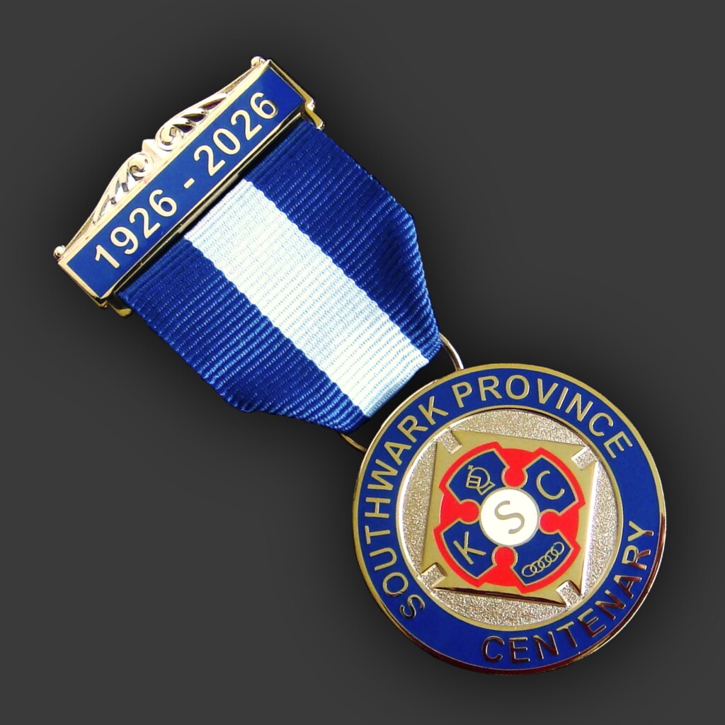 Enamelled breast jewel with dated centenary top bar and blue and white ribbon, made by Selcraft