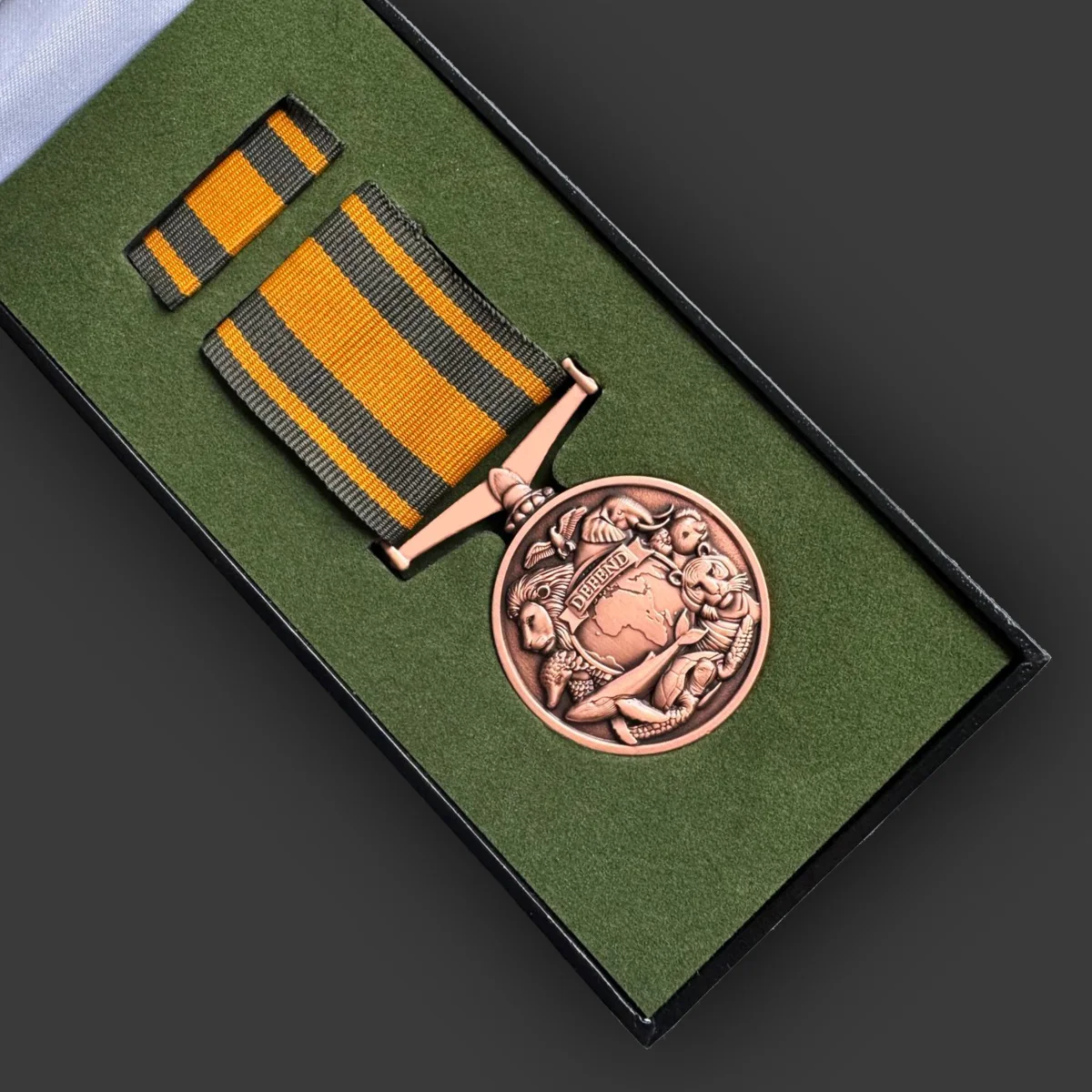 Bronze conservation medal and miniature ribbon bar in a fitted presentation case, made by Selcraft