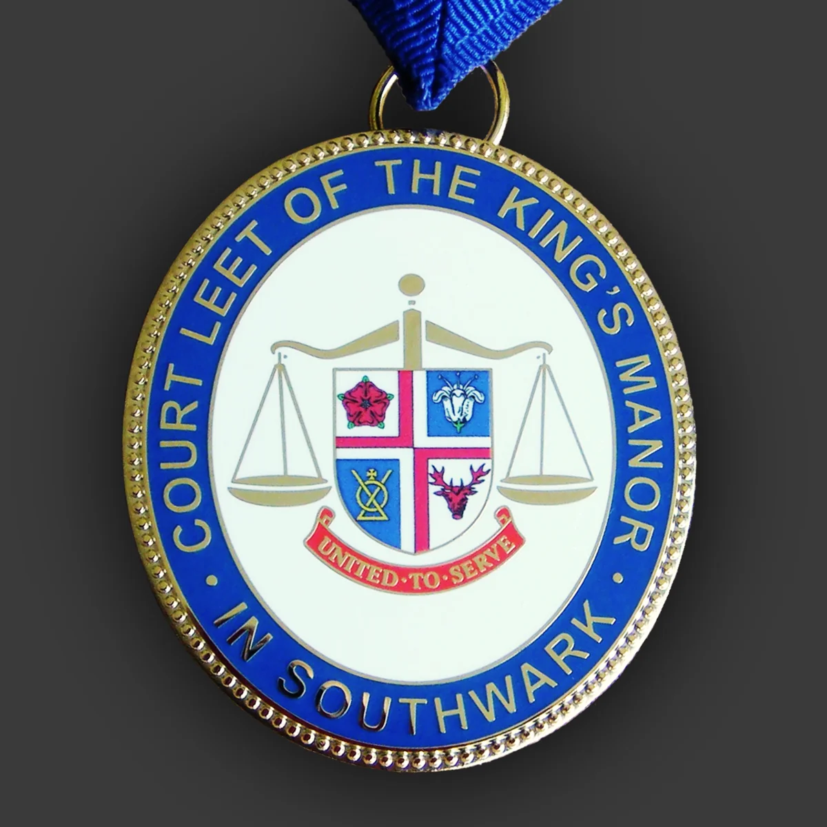 Gilt oval civic regalia neck medal with enamelled heraldic arms and motto on a blue ribbon, made by Selcraft